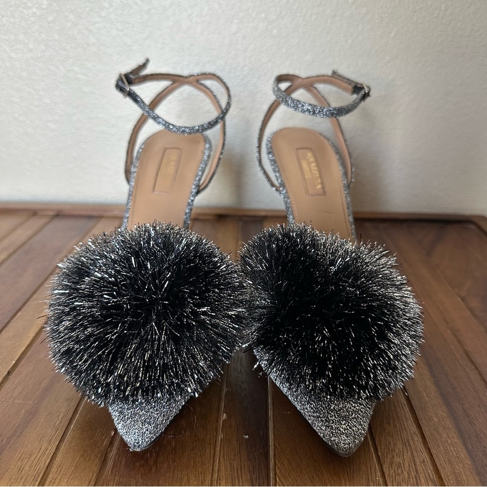 Aquazzura Firenze Silver Sparkly Metallic Powder Puff Slingback 38.5 - Picture 2 of 16